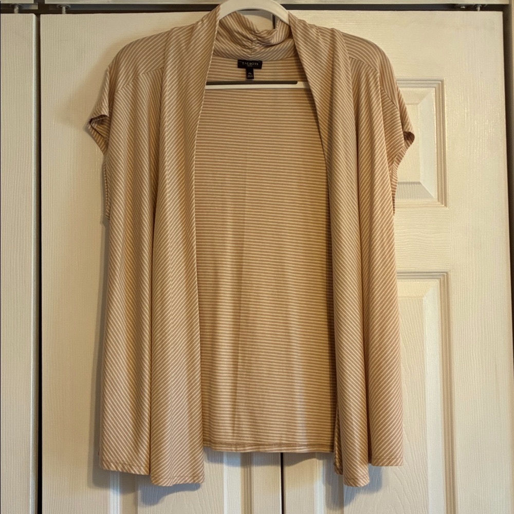 Talbots Lightweight Vest Cardigan Tan and White Striped